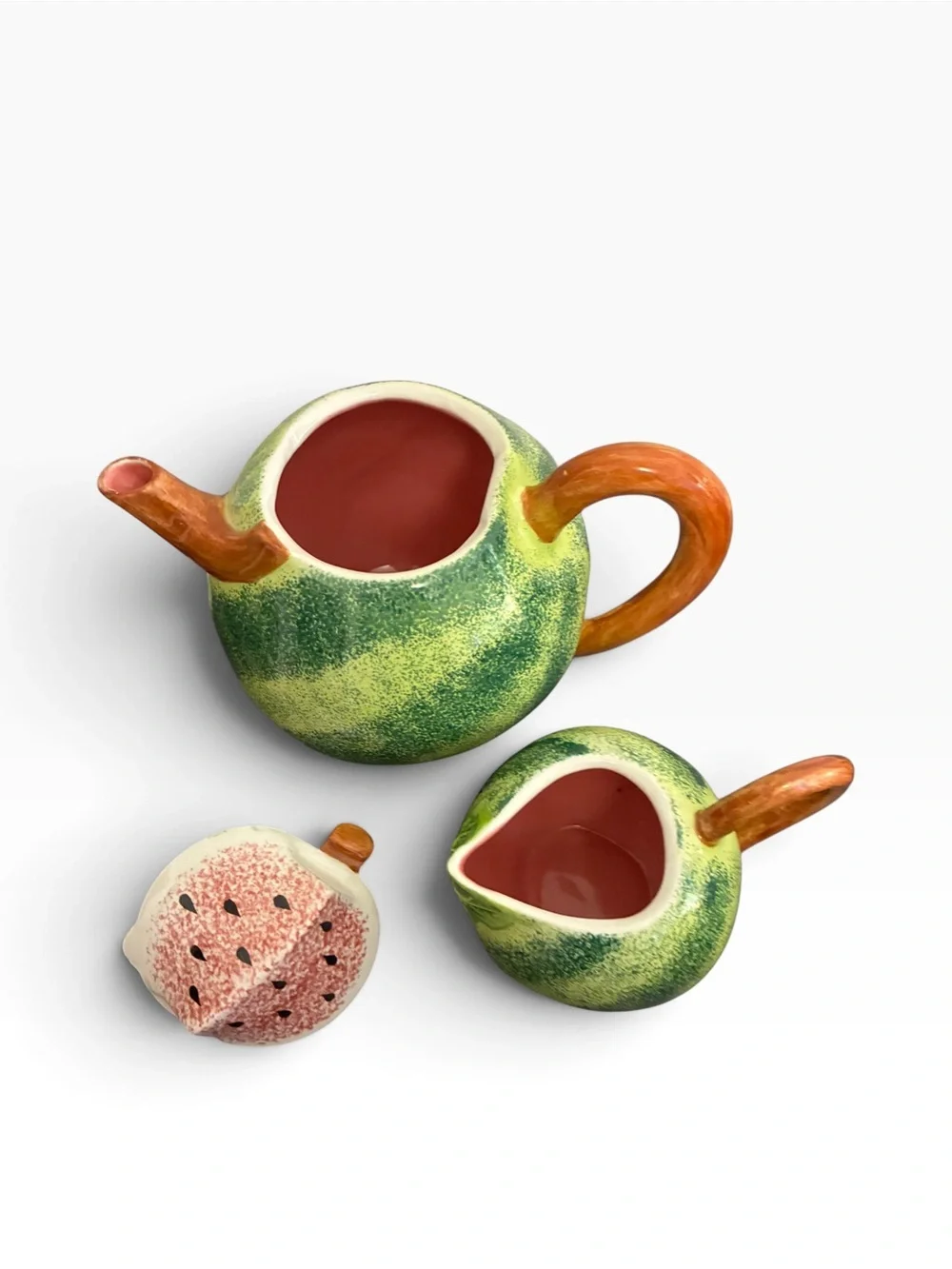 Pier 1 Imports Watermelon Ceramic Teapot and Creamer Set Handcrafted Fruit Decor
